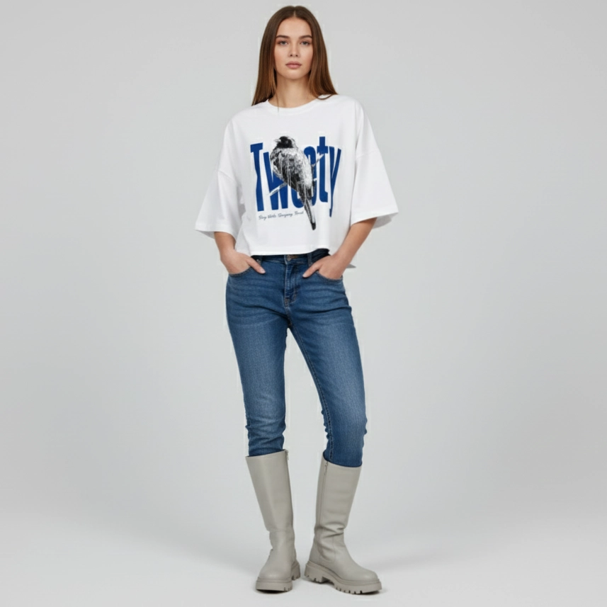 Singing Bird Women Oversize Crop Tee